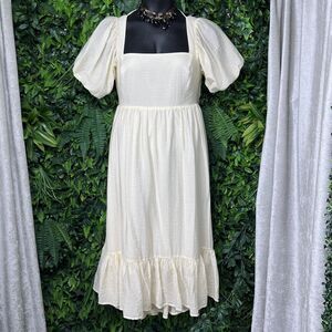 WAYF Dress Women Large Yellow Striped Boho Puff Sleeve Cut Out Back‎ Maxi 2211